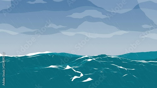 An animation of a stormy sea with strong winds and heavy rain. The dark, overcast sky is filled with thick clouds. High waves crash violently, with white foam spreading across the turbulent water.