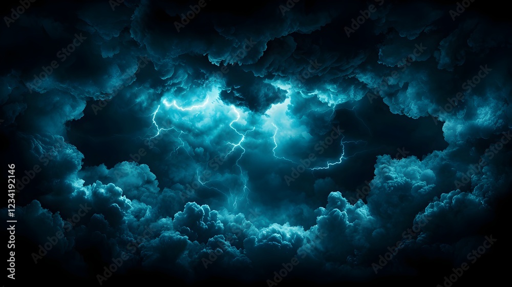 Fototapeta premium Dark Blue Storm Clouds with Bright Lightning