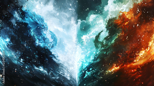 Ice and fire dragons clashing; cosmic background; fantasy art photo