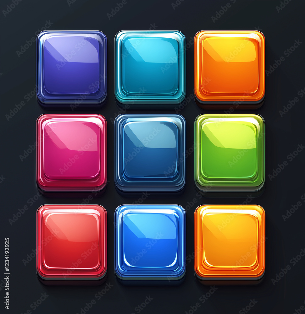 Nine Colorful Glossy Square Buttons: UI Elements and Design Nine Colorful Glossy Square Buttons: UI Elements and Design