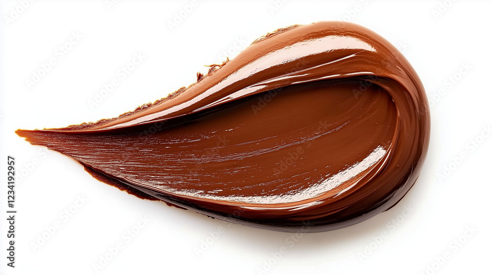 Smooth and glossy swirl of rich dark brown chocolate spread on a clean white background. Creamy and velvety texture with a shiny reflective surface, creating a minimalist and appetizing presentation. Smooth and glossy swirl of rich dark brown chocolate spread on a clean white background. Creamy and velvety texture with a shiny reflective surface, creating a minimalist and appetizing presentation.