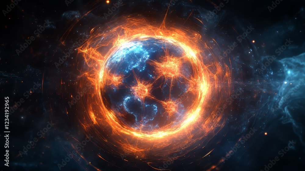 Obraz premium A glowing, fiery planet surrounded by cosmic energy and vibrant colors.
