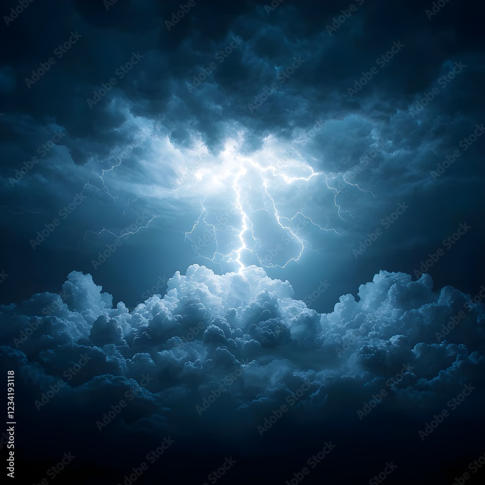 Naklejka premium Dark Blue Storm Clouds with Lightning Bolt