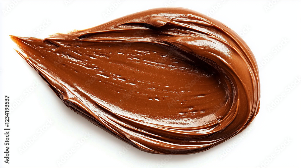 Smooth and glossy swirl of rich dark brown chocolate spread on a clean white background. Creamy and velvety texture with a shiny reflective surface, creating a minimalist and appetizing presentation. Smooth and glossy swirl of rich dark brown chocolate spread on a clean white background. Creamy and velvety texture with a shiny reflective surface, creating a minimalist and appetizing presentation.