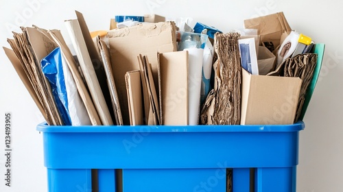 Blue Recycling Bin Overflowing Cardboard Paper Waste Studio photo