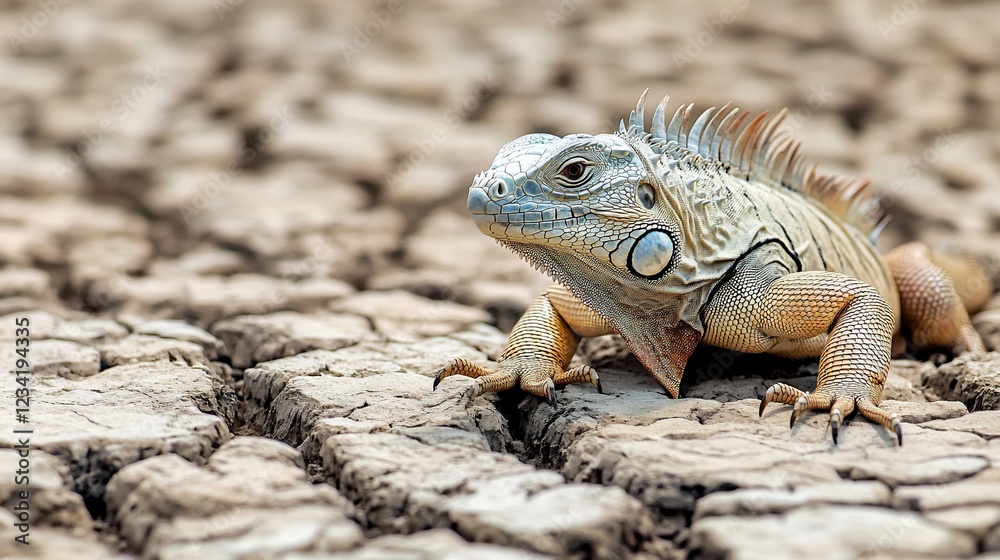Obraz premium Drought-stricken iguana on cracked earth, arid landscape background, environmental conservation