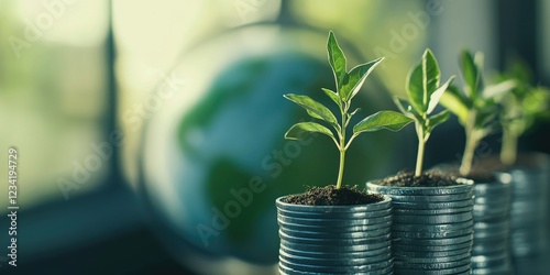 Small plant growing among coins photo