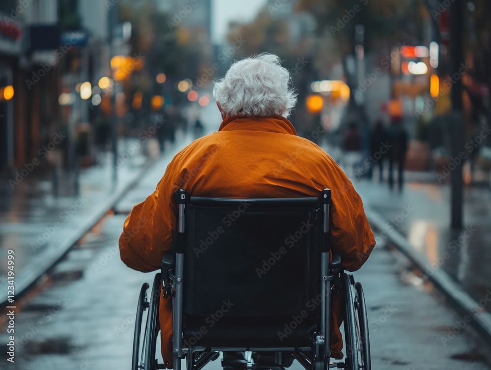 Man in wheelchair on urban street Man in wheelchair on urban street