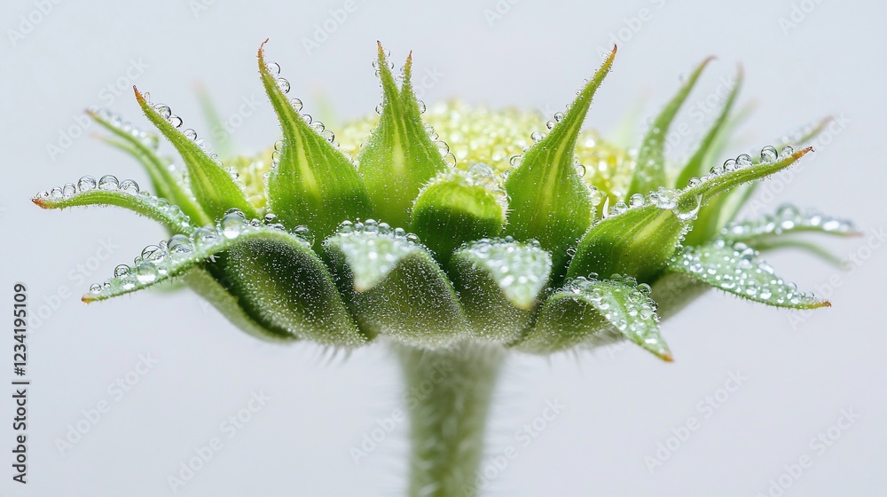 Obraz premium Dew-kissed sunflower bud, close-up, studio, botanical backdrop, nature photography