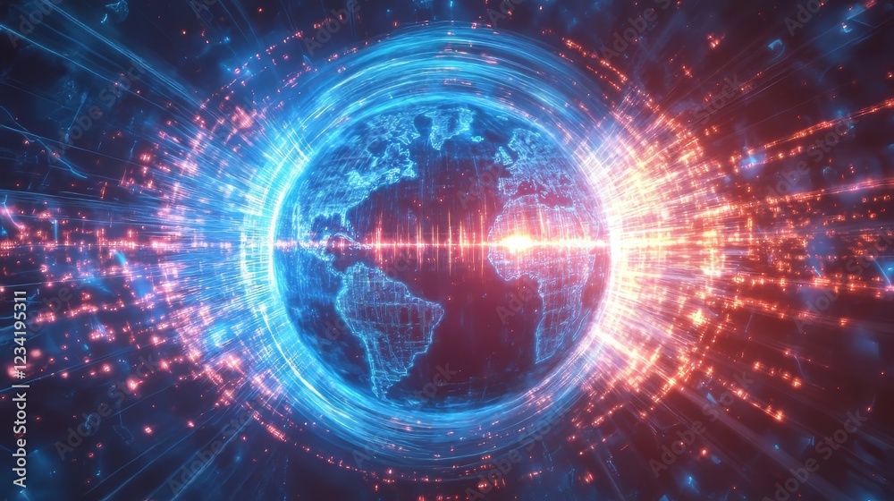 A vibrant digital representation of Earth with glowing energy patterns surrounding it. A vibrant digital representation of Earth with glowing energy patterns surrounding it.