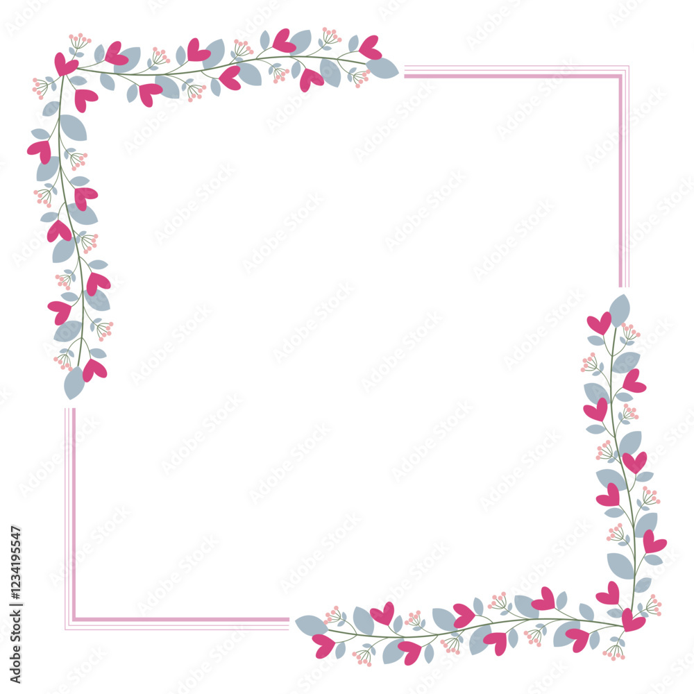 Square Borders Frame Or Wreath With Love Pink Flowers And Green Leaves Square Borders Frame Or Wreath With Love Pink Flowers And Green Leaves