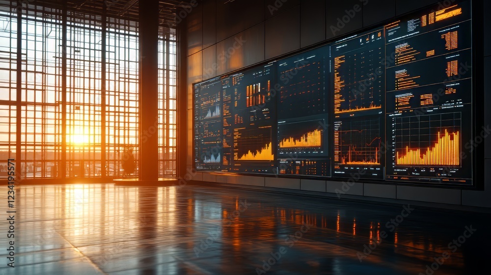 Modern office space with data analytics screens and sunset lighting. Modern office space with data analytics screens and sunset lighting.
