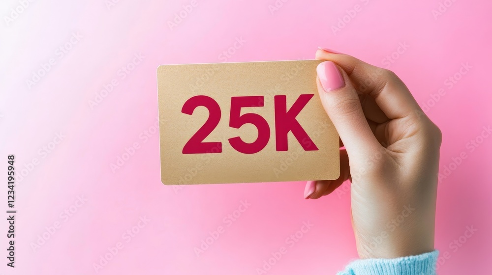 Woman s Hand Holding a Card with 25K Text, Celebrating a Milestone on Pink Background. Woman s Hand Holding a Card with 25K Text, Celebrating a Milestone on Pink Background.