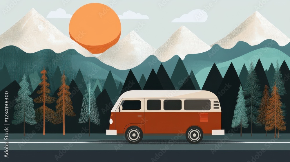 Playful retro camper van driving through scenic mountain landscape, sunset