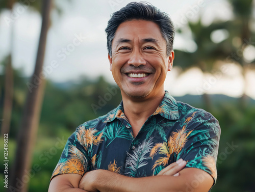 Sunlight kisses the cheerful face of a smiling Asian male, who embraces the warm energy of the outdoors while wearing a colorful aloha shirt surrounded by lush greenery. Generative AI