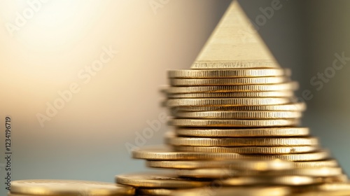 Pyramid-shaped stack of gold coins symbolizing financial fraud and deception, representing investment scams and unethical financial practices in business.