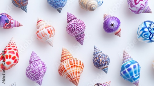 Colorful seashells arranged on white background, flat lay, summer, craft, design photo