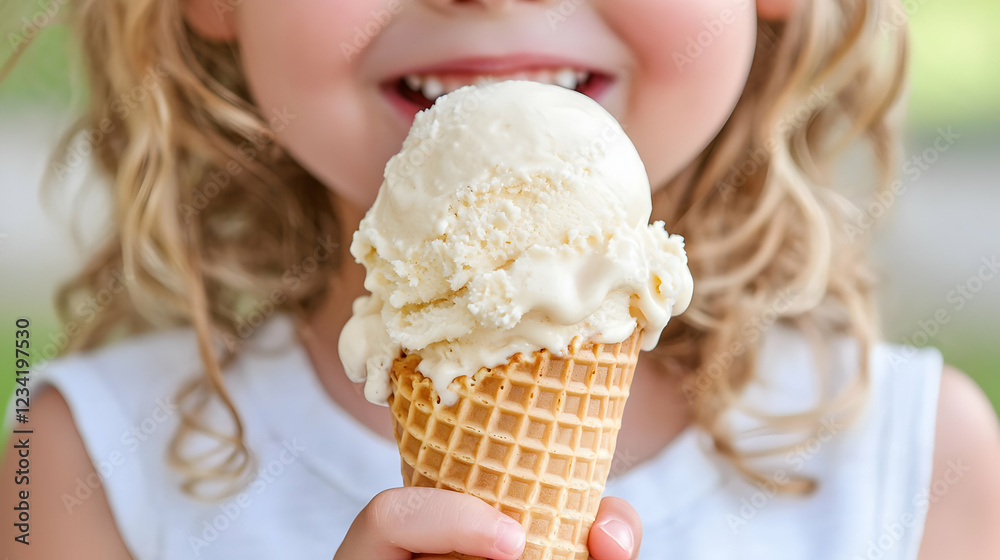 Happy child enjoys vanilla ice cream cone outdoors Happy child enjoys vanilla ice cream cone outdoors