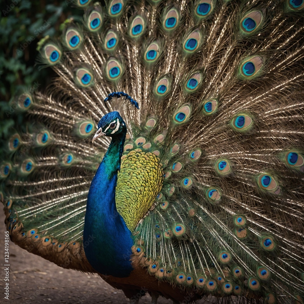 Fototapeta premium A beautiful peacock showcasing its full, vibrant tail in a mesmerizing display.