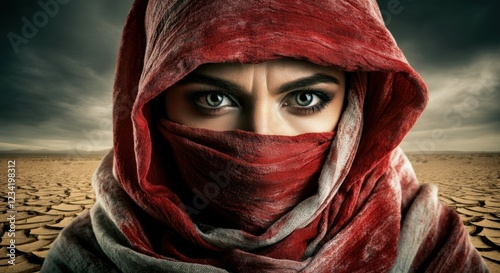 Intense eyes of mysterious female in red veil amid arid desert landscape photo