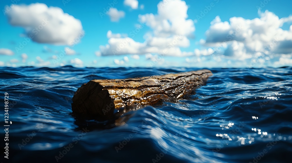 Dark Brown Log Floating on Blue Ocean Under Sunny Sky Dark Brown Log Floating on Blue Ocean Under Sunny Sky