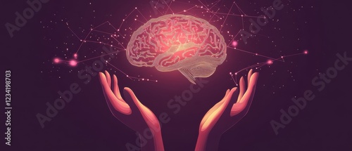 Glowing digital brain above hands, symbolizing AI technology and cybersecurity photo