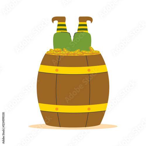 Leprechaun stuck in a barrel of gold coins. Vector illustration.