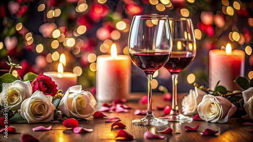 Romantic Valentine's dinner: oversized wine glasses, roses, and blooms create an intimate setting.