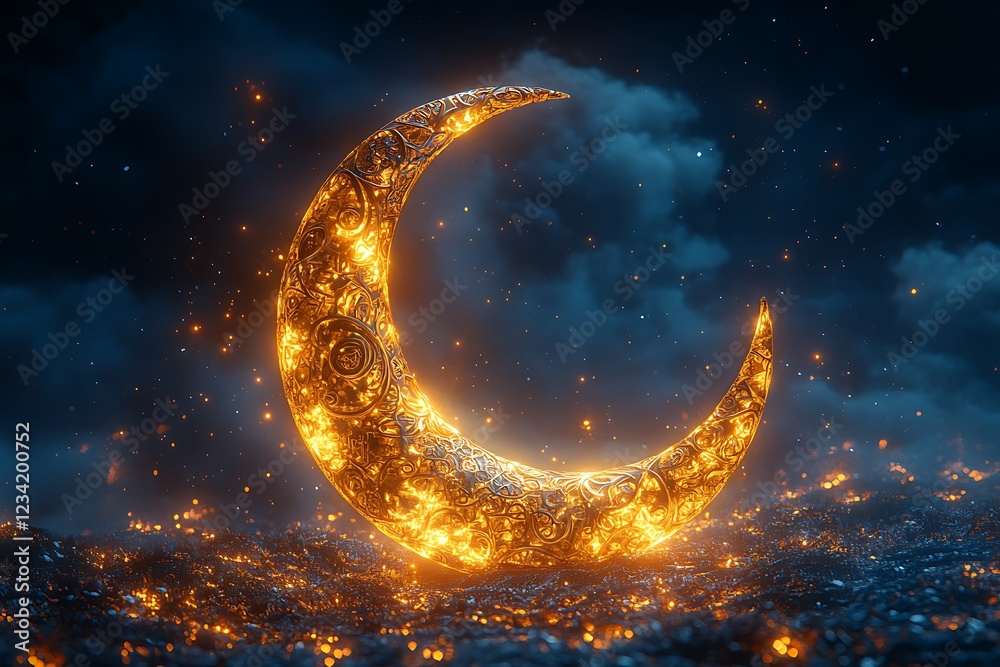 Fototapeta premium Radiant Crescent Moon Illuminated Against a Starry Night Sky