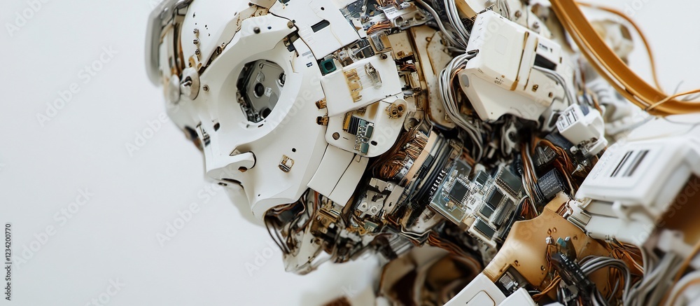 Robotic head closeup; studio; complex mechanism; AI future Robotic head closeup; studio; complex mechanism; AI future
