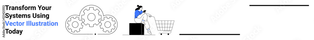 Cloud with gear elements, person pushing a shopping cart, and system transformation. Ideal for cloud computing, digitalization, e-commerce, tech services, automation, workflow management flat Cloud with gear elements, person pushing a shopping cart, and system transformation. Ideal for cloud computing, digitalization, e-commerce, tech services, automation, workflow management flat