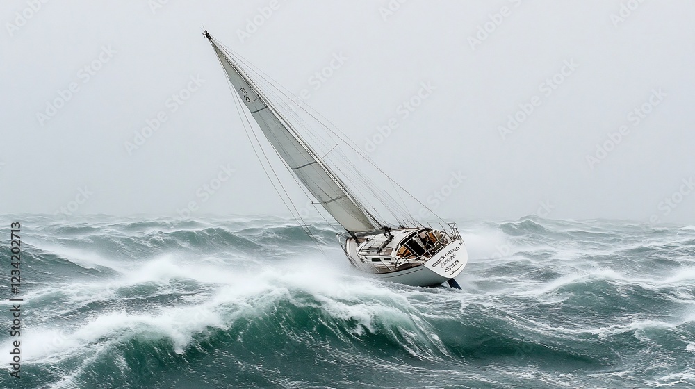 Obraz premium Yacht sailing stormy ocean waves, adventure, dramatic sky, nautical travel