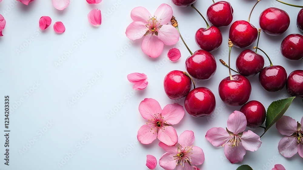 Cherries with soft pink flowers. Summer, Spring, copy space concept.