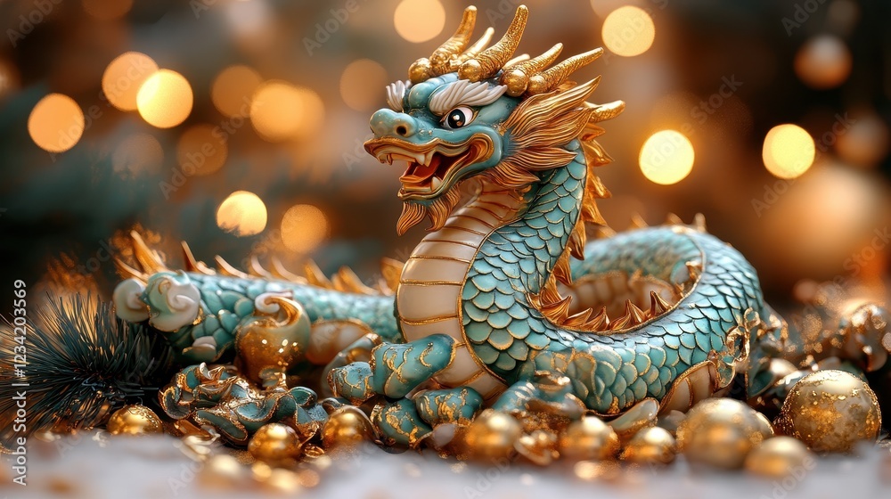 Fototapeta premium A decorative dragon figurine surrounded by golden ornaments and festive lights.