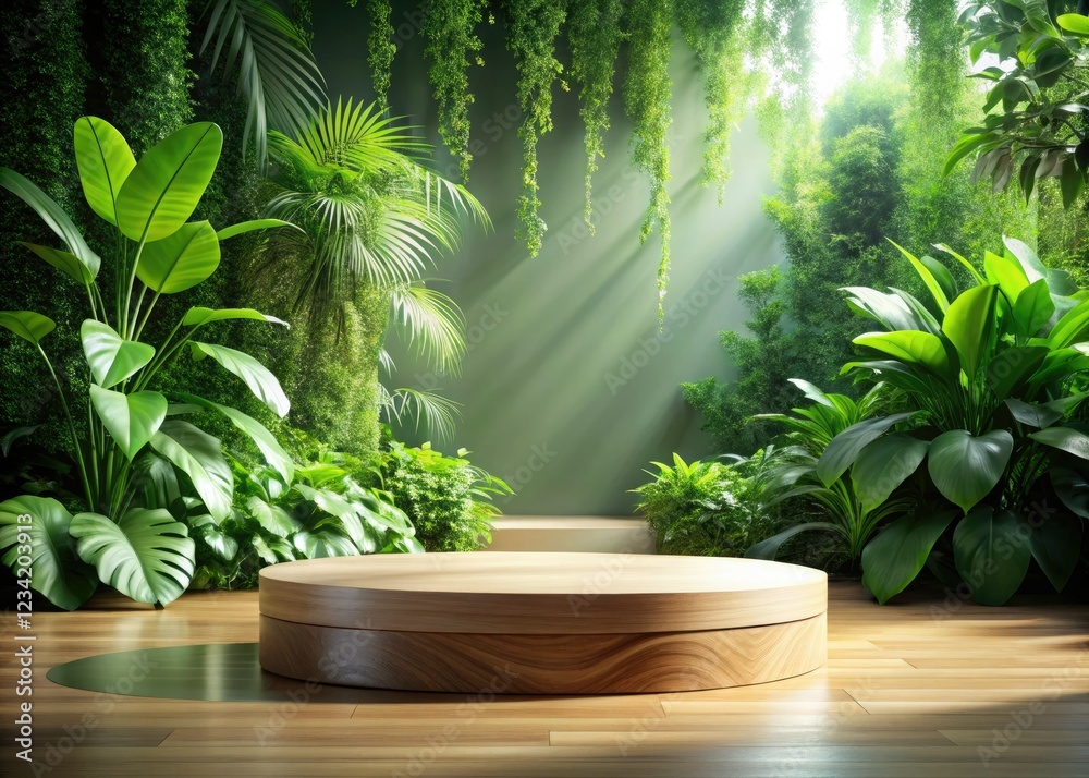 Showcase your products naturally: a wooden podium on a green backdrop, bathed in sunlight. Showcase your products naturally: a wooden podium on a green backdrop, bathed in sunlight.