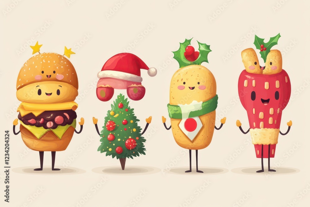Naklejka premium Groovy Christmas fast food cartoon characters set. Funny retro personages and happy friends standing