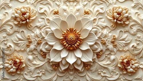  Intricate Cream Floral Relief with Golden Accents

