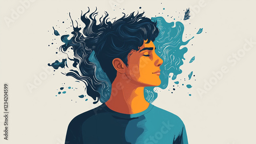 Serene Man Abstract Teal Hair Peaceful Mind Illustrated Portrait