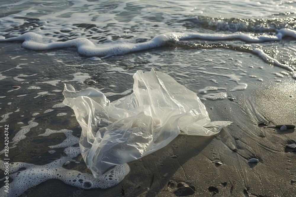 Plastic bag polluting a sandy beach at sunset, highlighting environmental pollution Plastic bag polluting a sandy beach at sunset, highlighting environmental pollution