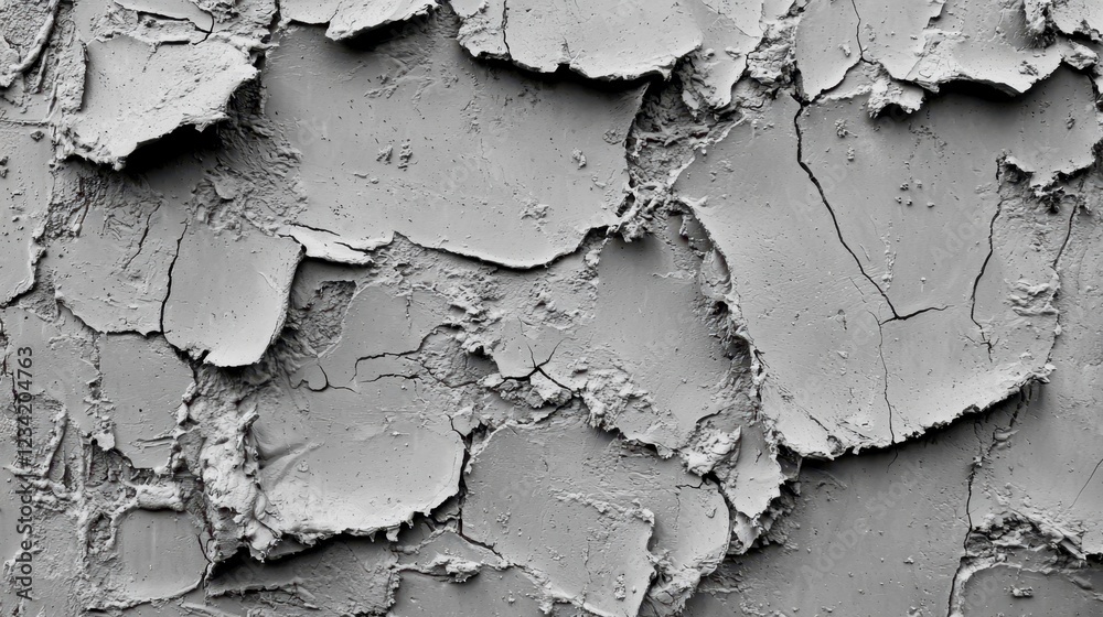 Obraz premium Gray textured plaster wall surface with cracks and peeling layers