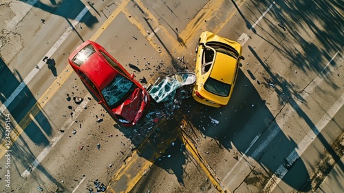 Aerial view of a serious car accident involving a red and yellow vehicle.