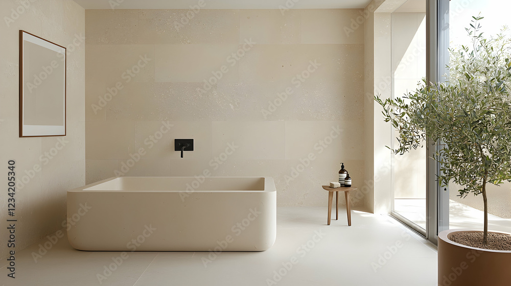 Minimalist beige bathroom, olive tree view, sunlight Minimalist beige bathroom, olive tree view, sunlight