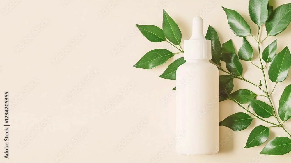 White Bottle With Dropper Surrounded By Green Leaves On Light Background White Bottle With Dropper Surrounded By Green Leaves On Light Background