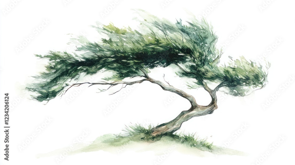 Fototapeta premium Windswept tree watercolor painting, coastal scene, nature illustration, website design