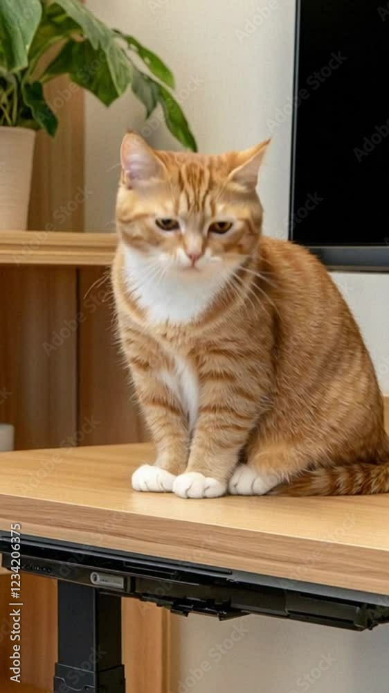 custom made wallpaper toronto digitalCute fluffy orange cat sitting on wooden table, surrounded by indoor plants, gazes curiously with playful expression in cozy domestic atmosphere.