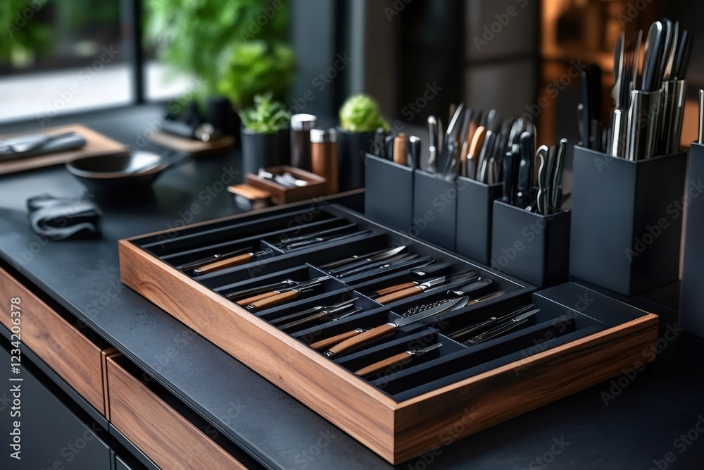 Set of professional knives displayed on kitchen countertop Set of professional knives displayed on kitchen countertop
