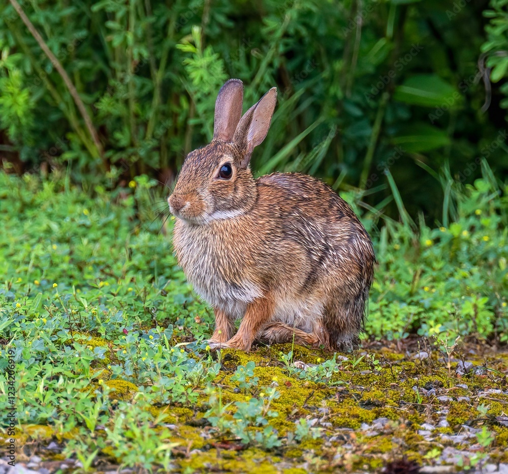 Fototapeta premium Wild rabbit on green grass and moss
