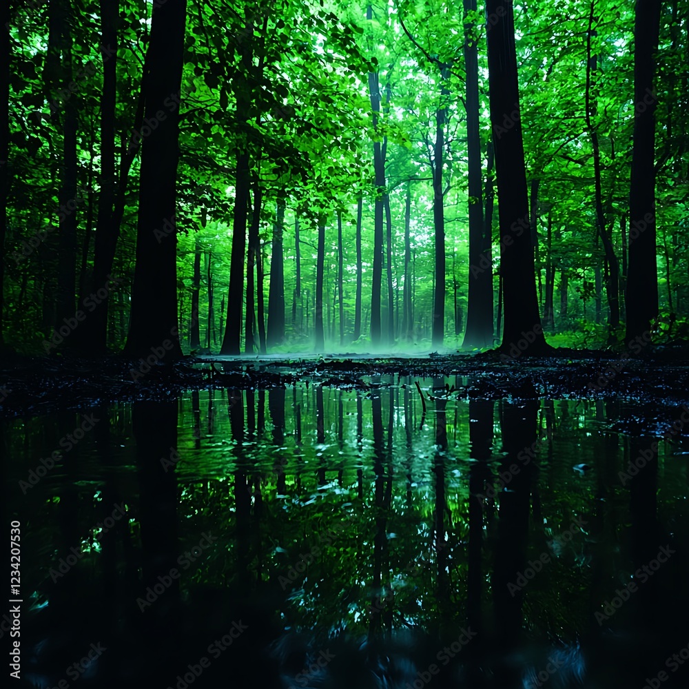Obraz premium Dark Green Forest with Water Reflection