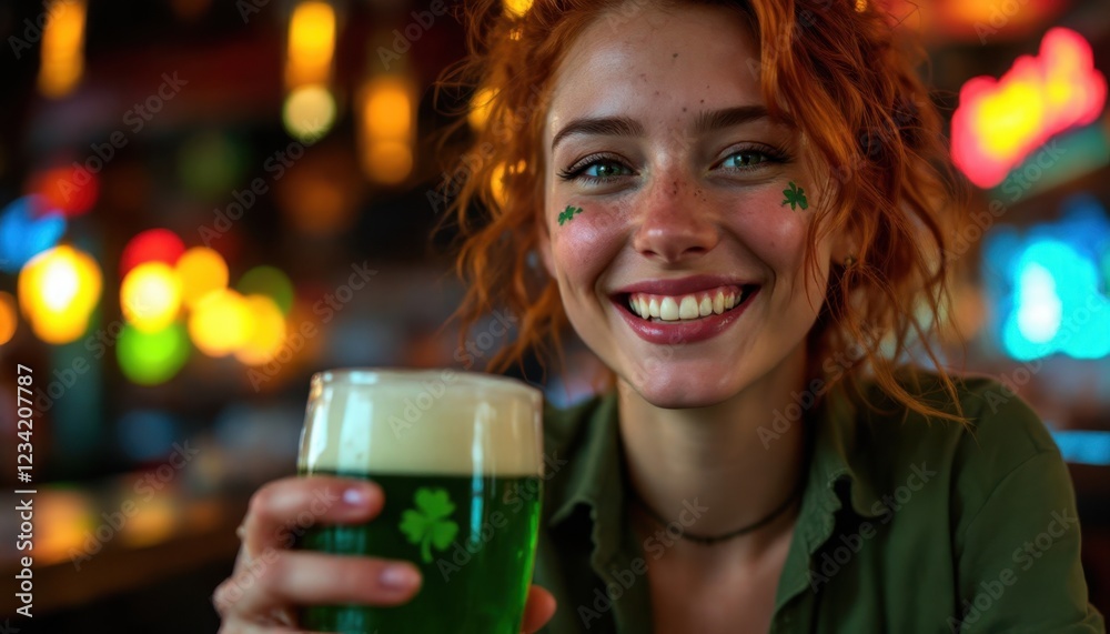 Young caucasian female enjoying st. patrick's day with green beer in a lively pub Young caucasian female enjoying st. patrick's day with green beer in a lively pub