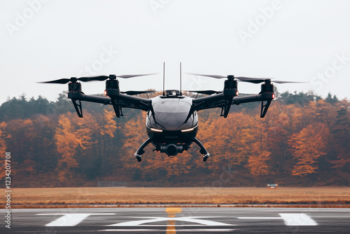 Taxi drone is landing near autumn foliage
